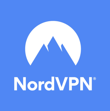 NordVPN logo featuring mountains against a blue background.