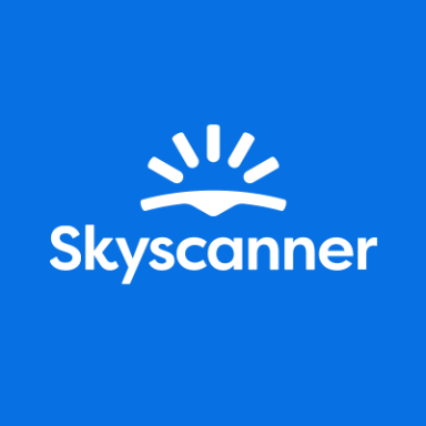 Logo of Skyscanner with a blue background and a sunburst above the name.