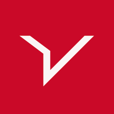 White stylised 'V' logo on a red background.