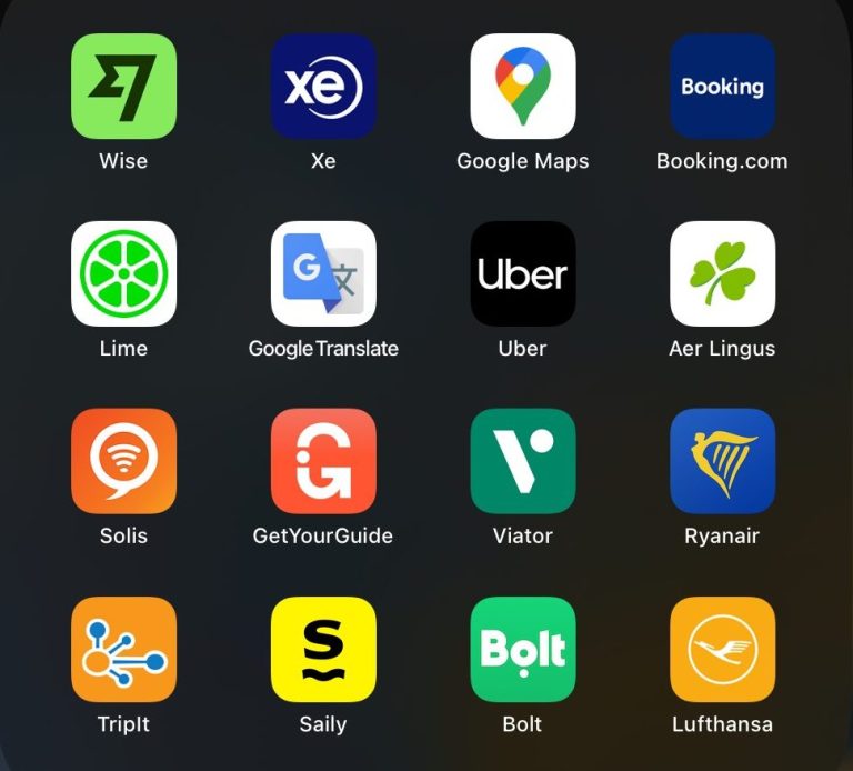 A grid of various smartphone app icons, including maps, transport, and travel services.