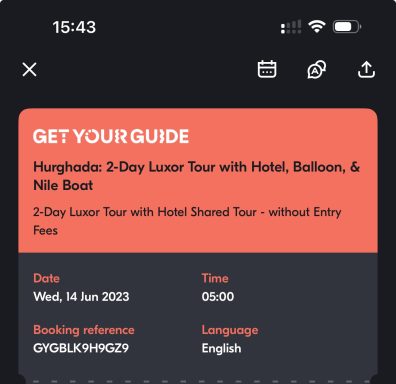 Booking confirmation for a 2-day Luxor tour with hotel, balloon, and boat details.