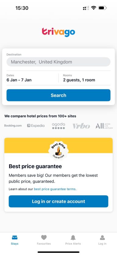 Search bar with options for travel dates and guest numbers, featuring a promotional banner below.