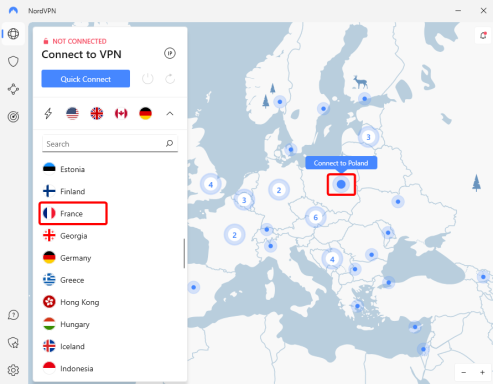 Map displaying European countries with a VPN connection option highlighted for France.