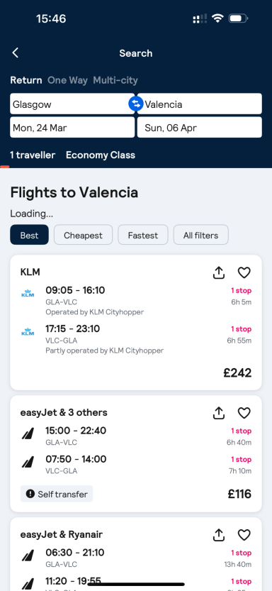 Flight search results for Valencia, displaying various options and prices.