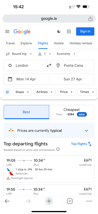 Mobile screen showing a flight search interface with departure options and filters.