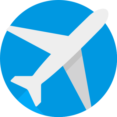 Icon of an airplane silhouette on a blue circular background.