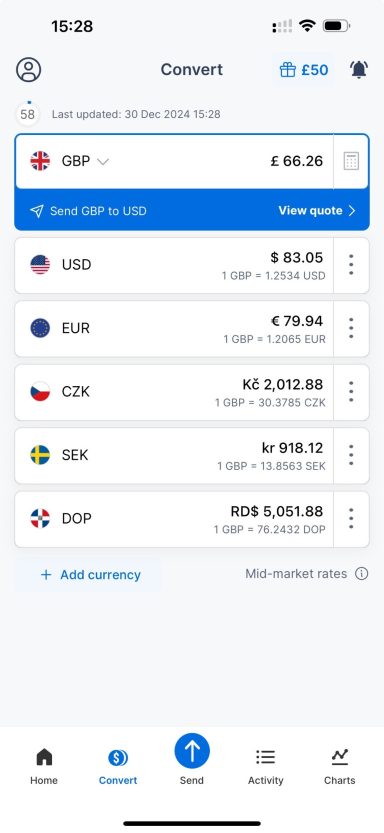 Currency conversion options displayed with various rates and flags.