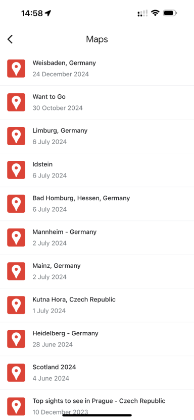 List of locations with dates, marked by red icons, displayed on a mobile interface.